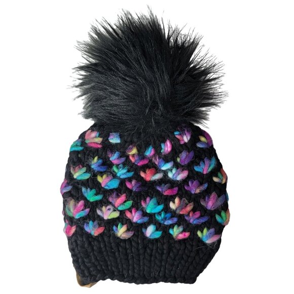 907 Knits Pom Pom Beanie Hat Black Multicolor Rainbow Fresh Tracks Lotus Flower - Picture 3 of 8